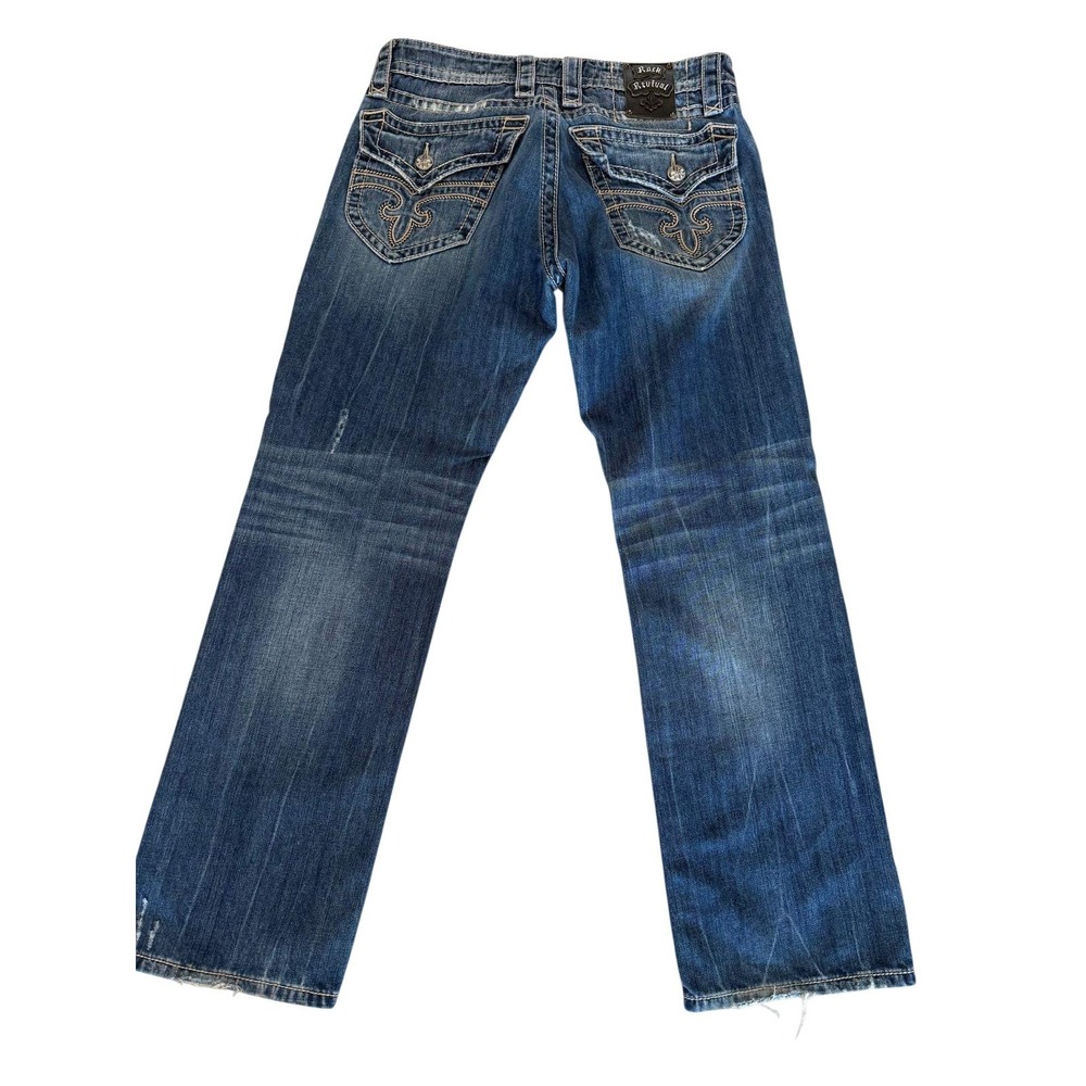 Rock Revival Bryan Straight Leg Jeans Men's Size 33 Distressed Blue Fleur-De-Lis